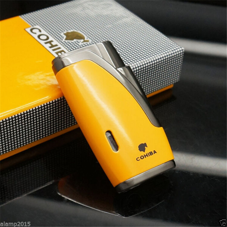 COHIBA YELLOW METAL WIND-PROOF 2 TORCH JET FLAME CIGAR CIGARETTE LIGHTER W/PUNCH