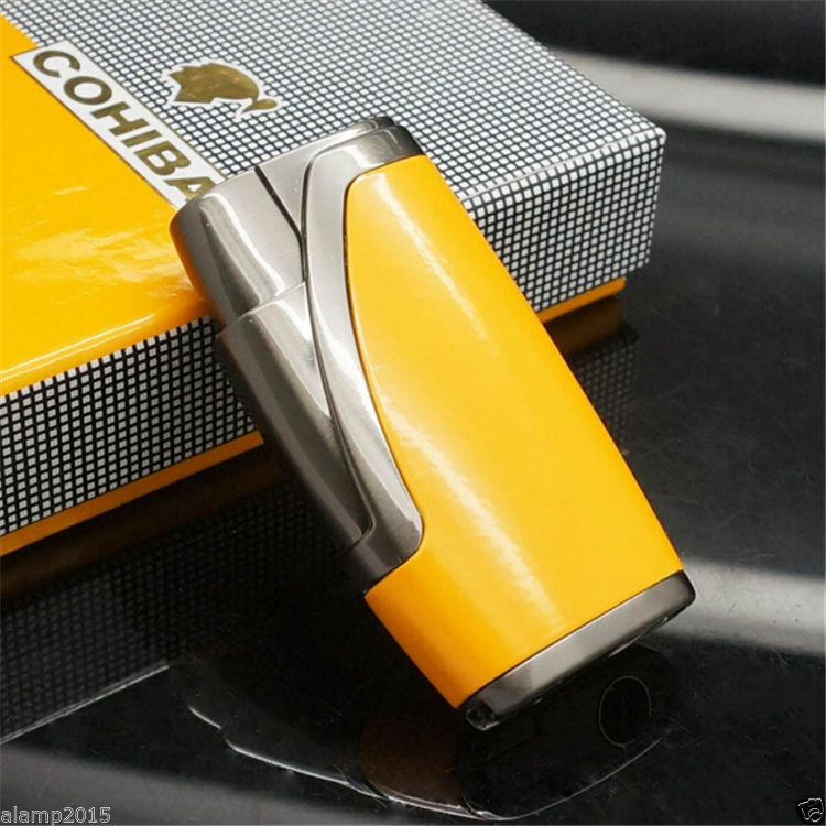 COHIBA YELLOW METAL WIND-PROOF 2 TORCH JET FLAME CIGAR CIGARETTE LIGHTER W/PUNCH