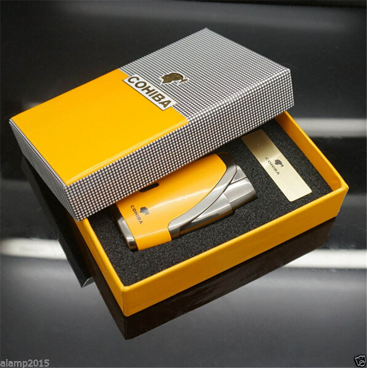 COHIBA YELLOW METAL WIND-PROOF 2 TORCH JET FLAME CIGAR CIGARETTE LIGHTER W/PUNCH