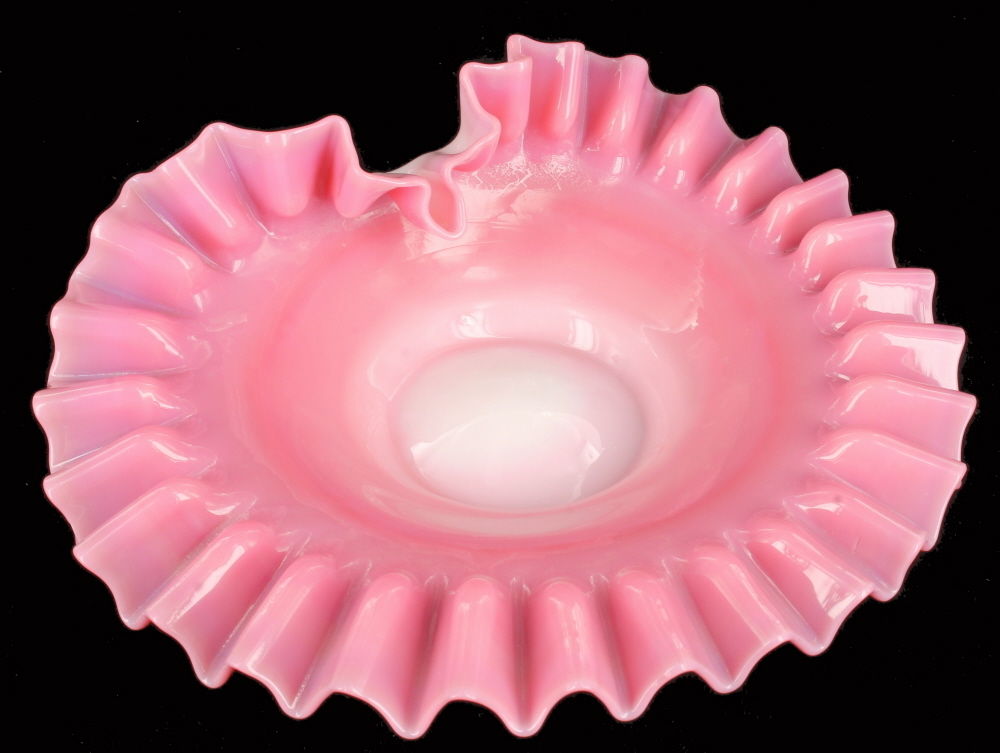 Vintage Fenton Ruffled Cranberry Opaque Candy Dish Bowl Pink White