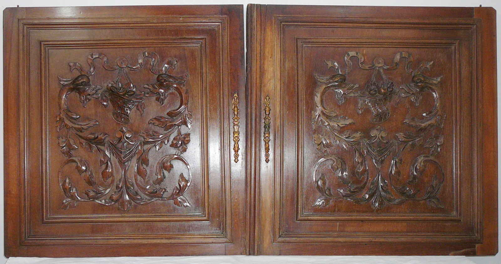 pair  antique FRENCH wood  panel  carved gothic chimeras