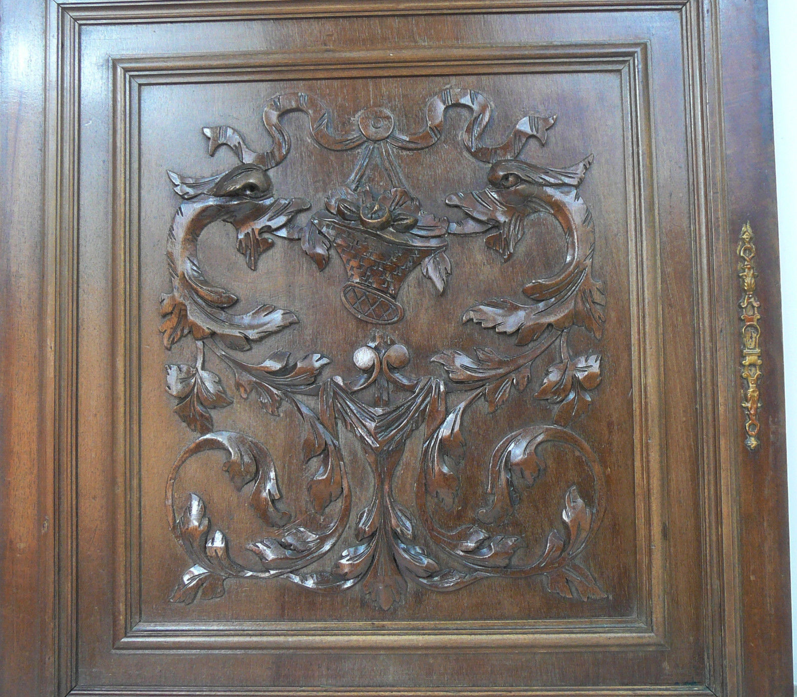 pair  antique FRENCH wood  panel  carved gothic chimeras