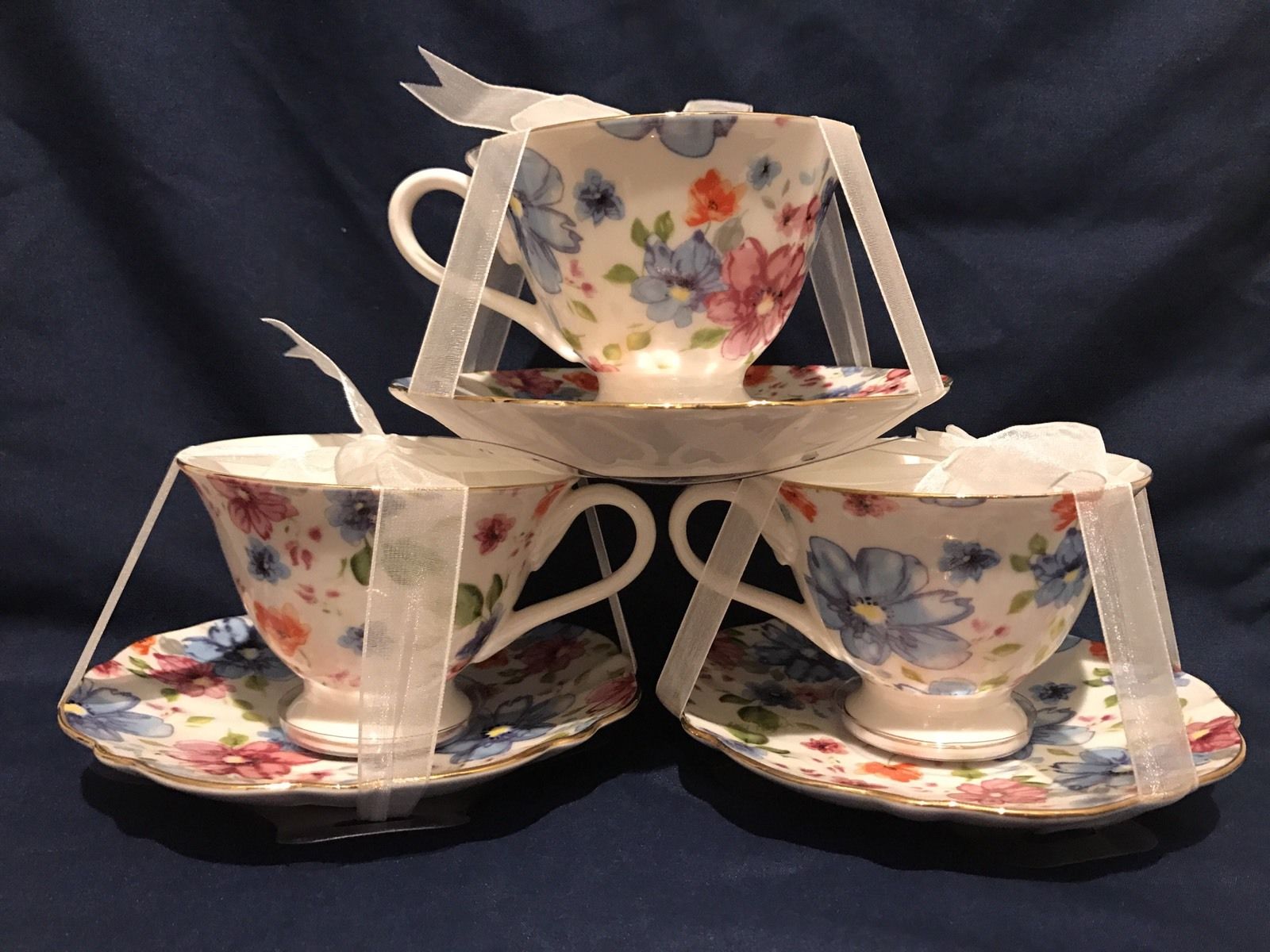 Grace's Teaware Set of 3 Tea cups & saucers,Blue Orange Floral,6PC