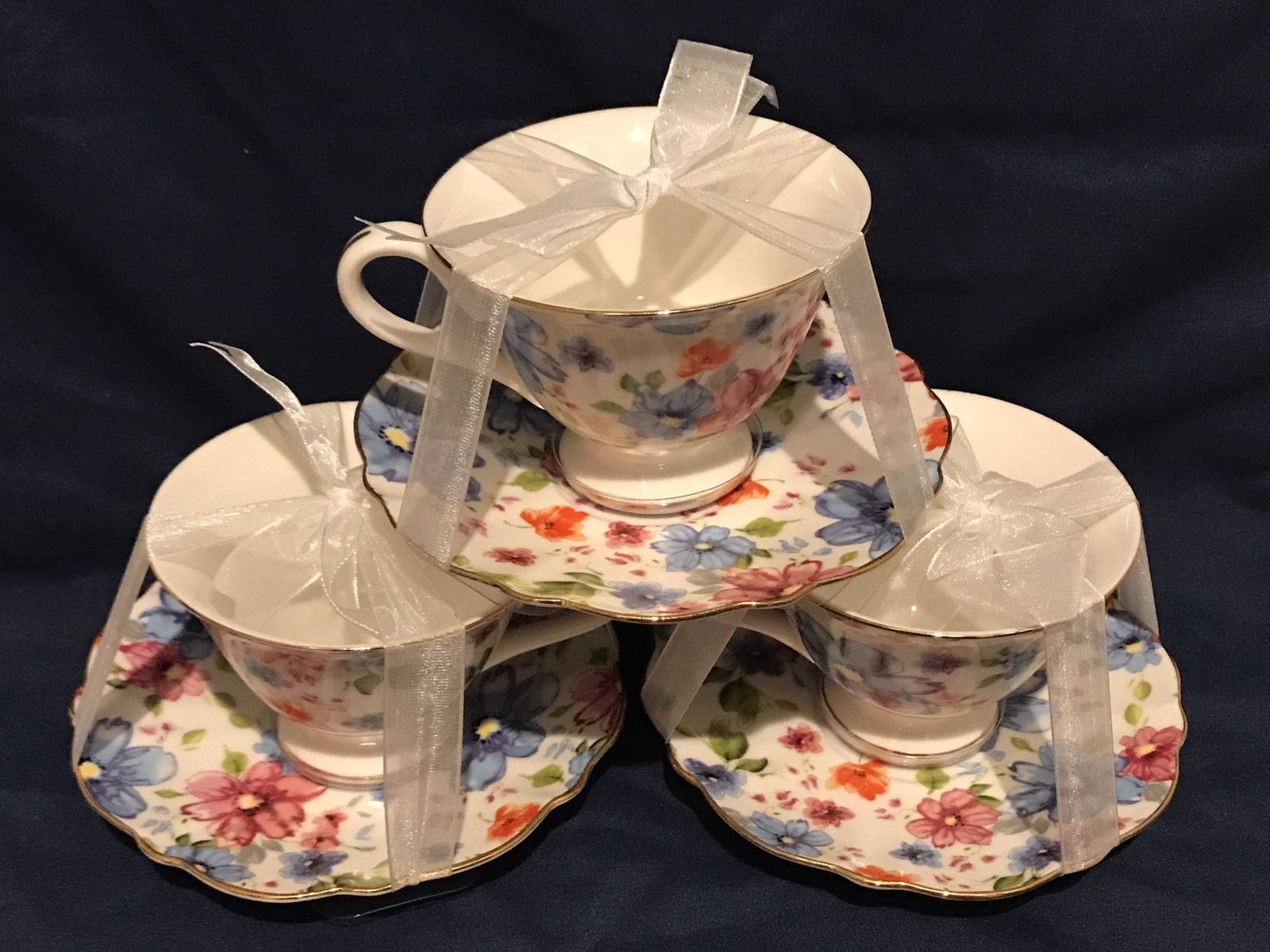 Grace's Teaware Set of 3 Tea cups & saucers,Blue Orange Floral,6PC