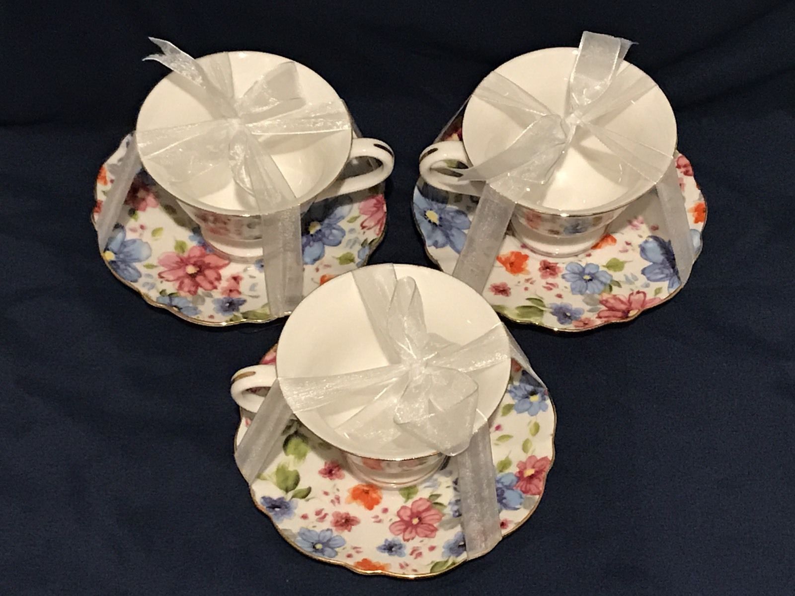 Grace's Teaware Set of 3 Tea cups & saucers,Blue Orange Floral,6PC