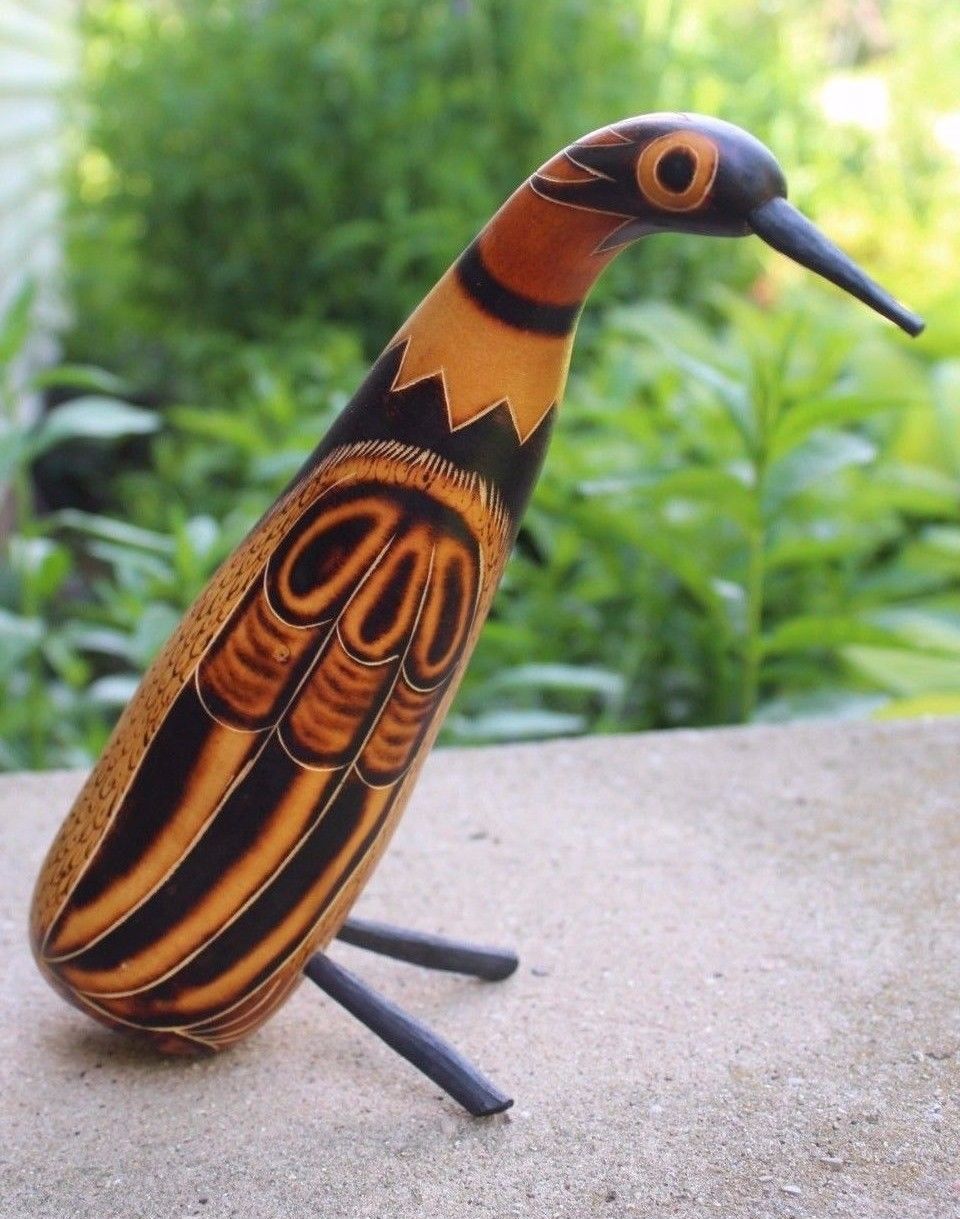 Vintage Mid-Century Painted Ethnic Sitting Carving Gourd Bird Painted + Wood