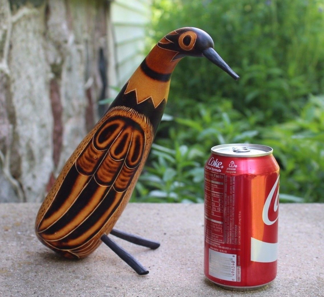 Vintage Mid-Century Painted Ethnic Sitting Carving Gourd Bird Painted + Wood