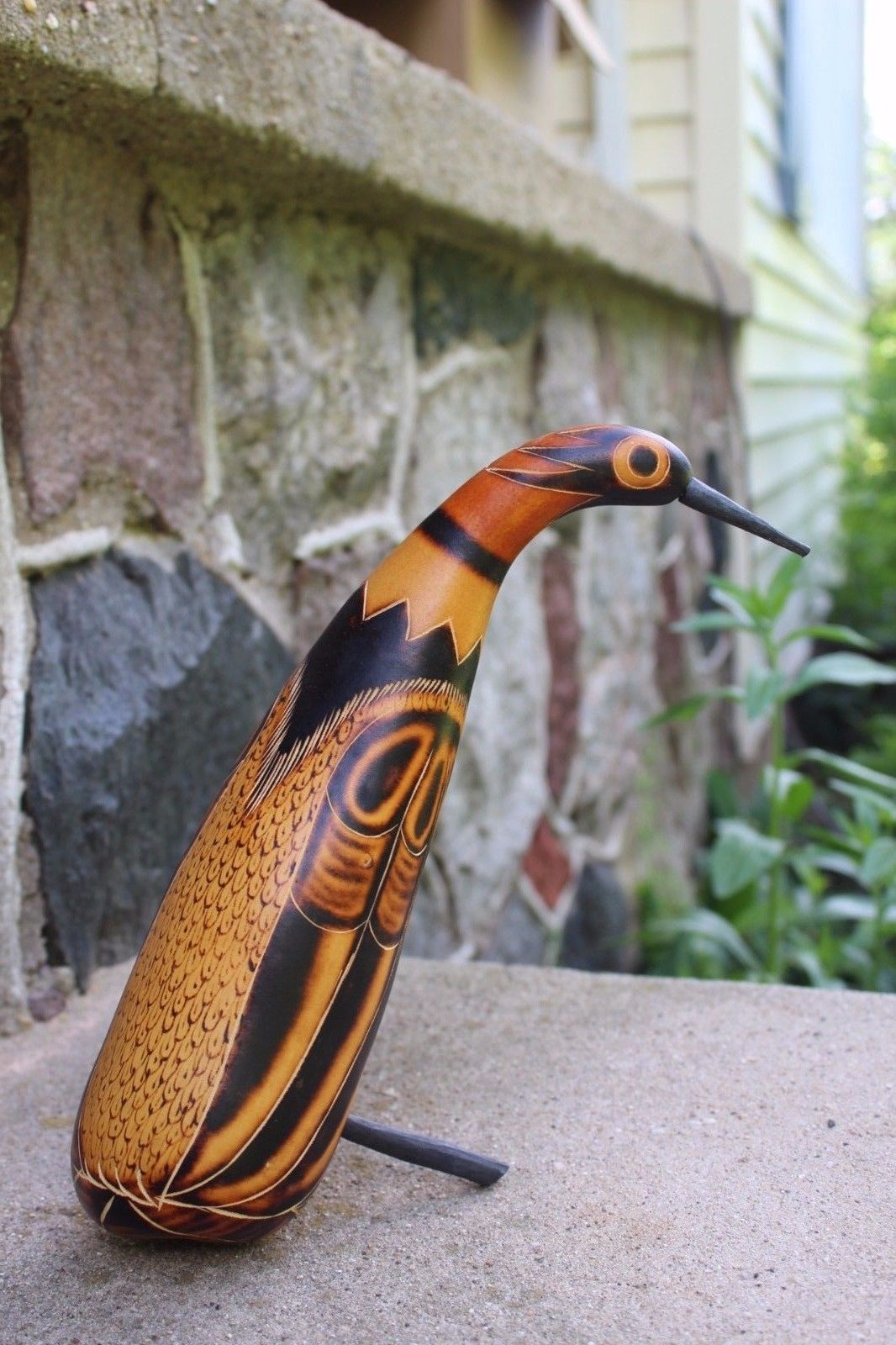 Vintage Mid-Century Painted Ethnic Sitting Carving Gourd Bird Painted + Wood