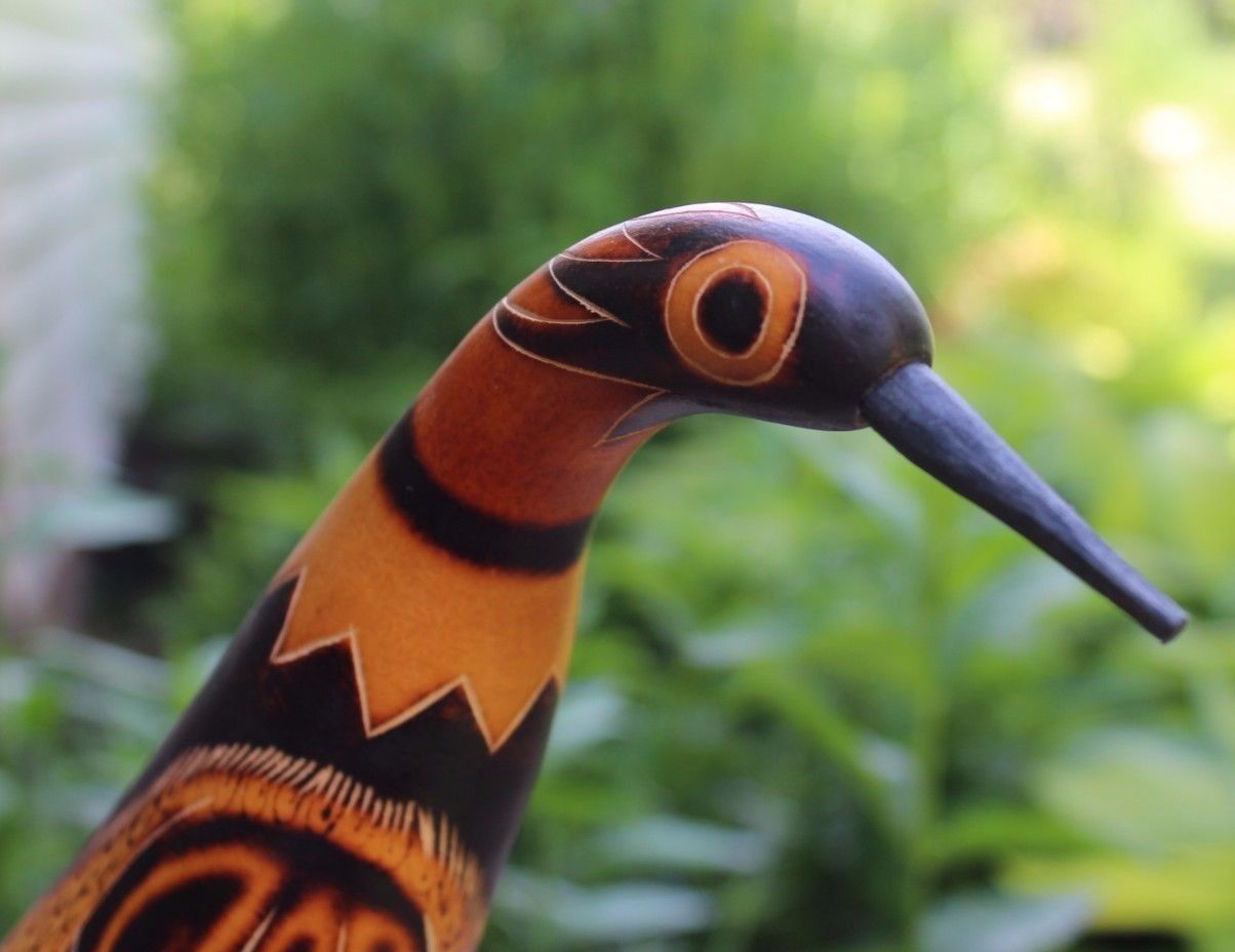 Vintage Mid-Century Painted Ethnic Sitting Carving Gourd Bird Painted + Wood