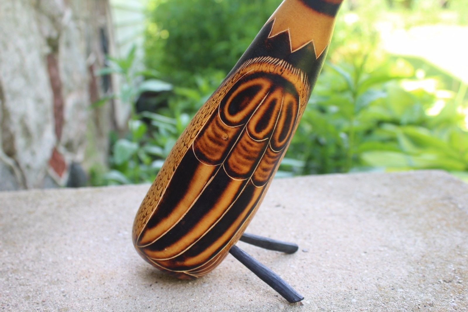 Vintage Mid-Century Painted Ethnic Sitting Carving Gourd Bird Painted + Wood