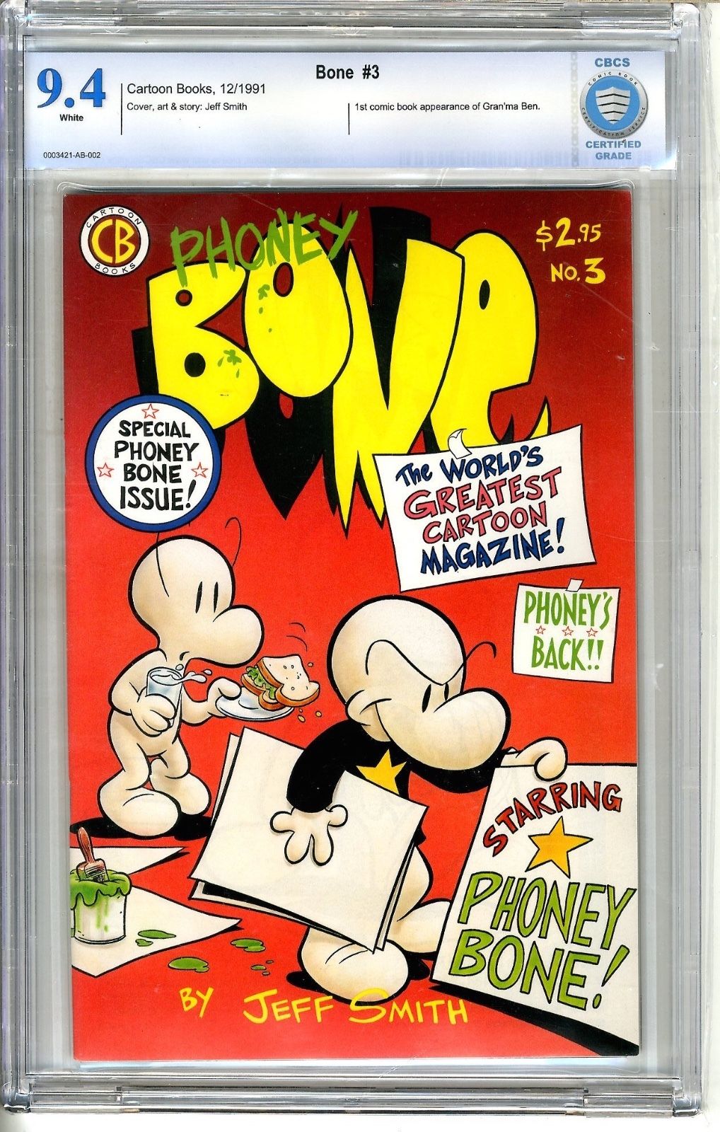 Bone  #3  CBCS  9.4  NM  White Pages 1st Comic Appearance of  Gran'ma Ben