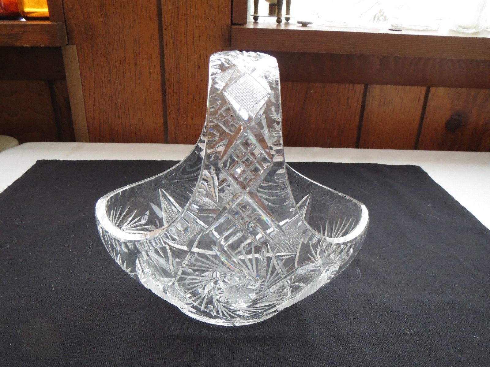 Beautiful Vintage Cut Crystal Glass Basket With Star Of David & Diamond Design