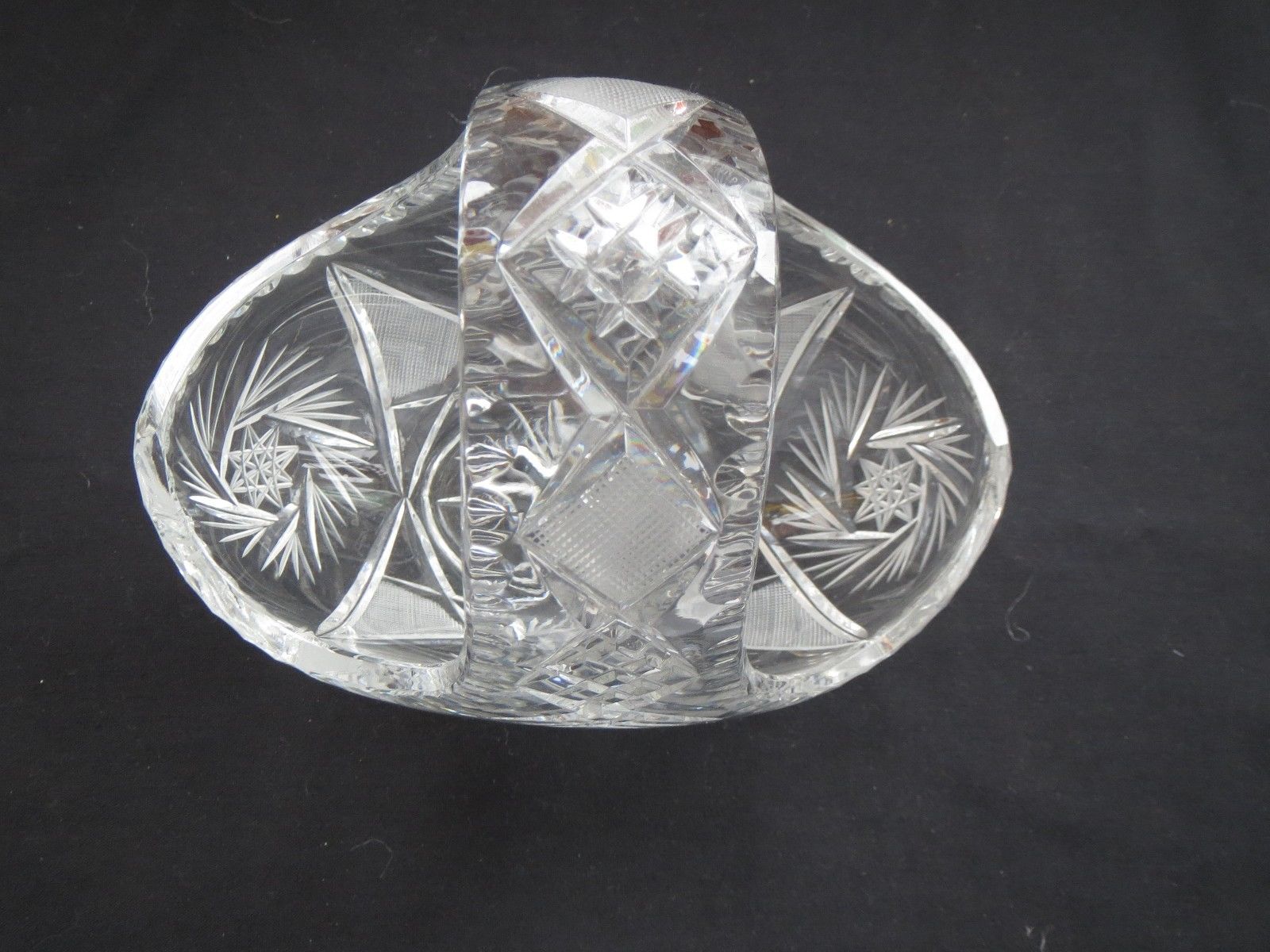 Beautiful Vintage Cut Crystal Glass Basket With Star Of David & Diamond Design