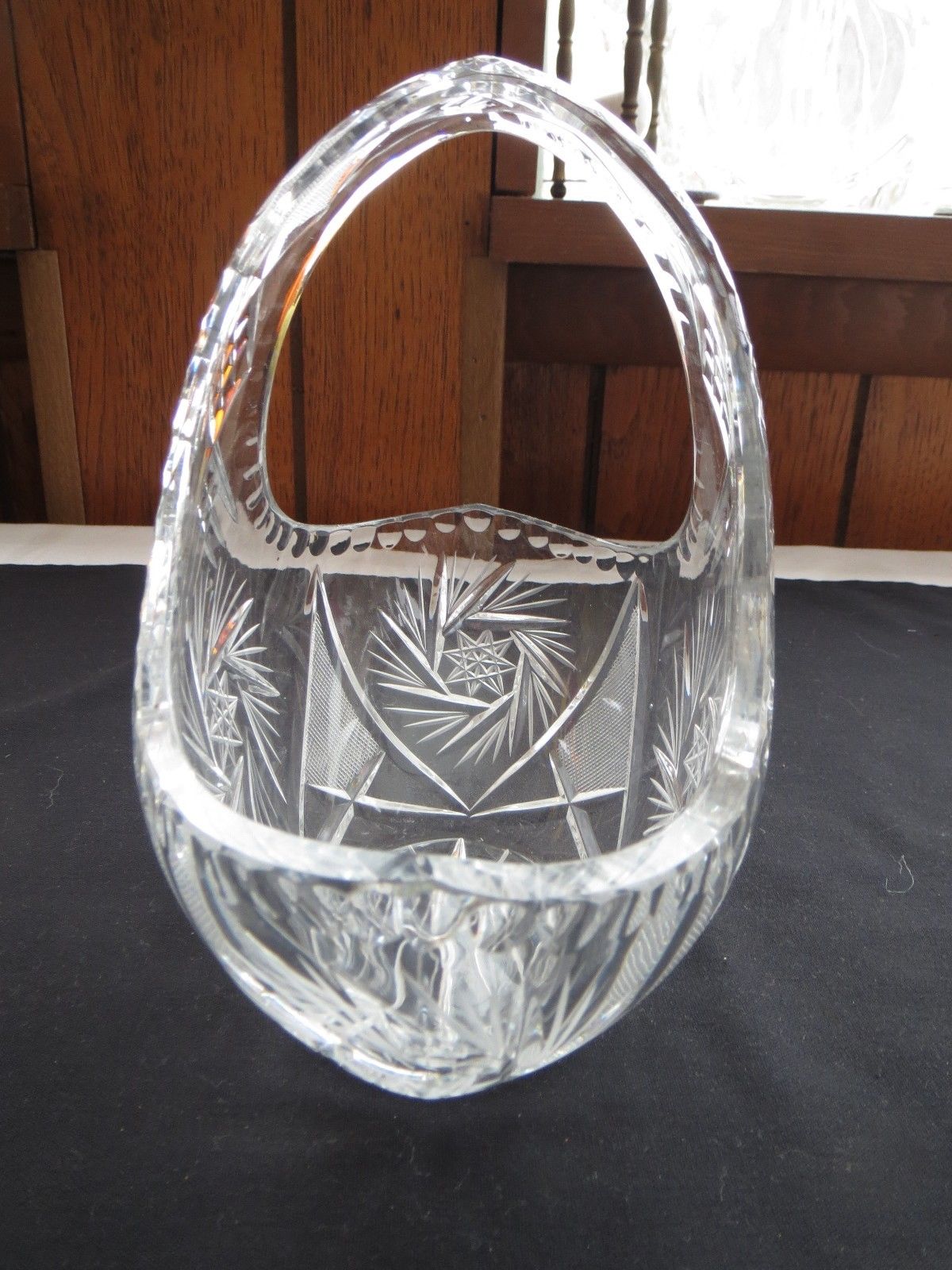 Beautiful Vintage Cut Crystal Glass Basket With Star Of David & Diamond Design