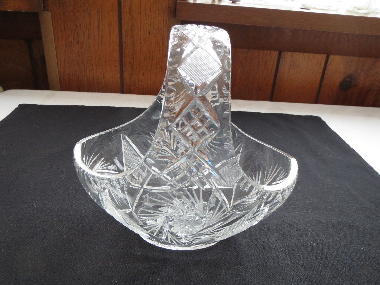 Beautiful Vintage Cut Crystal Glass Basket With Star Of David & Diamond Design