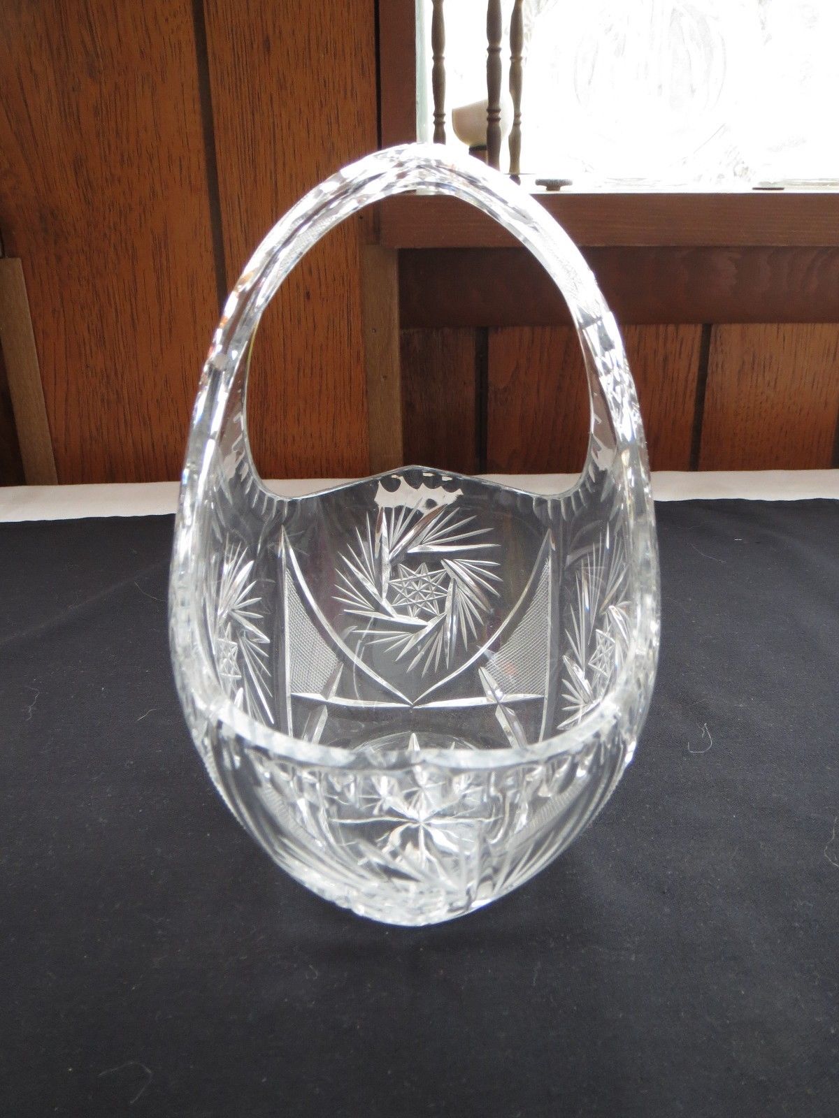 Beautiful Vintage Cut Crystal Glass Basket With Star Of David & Diamond Design