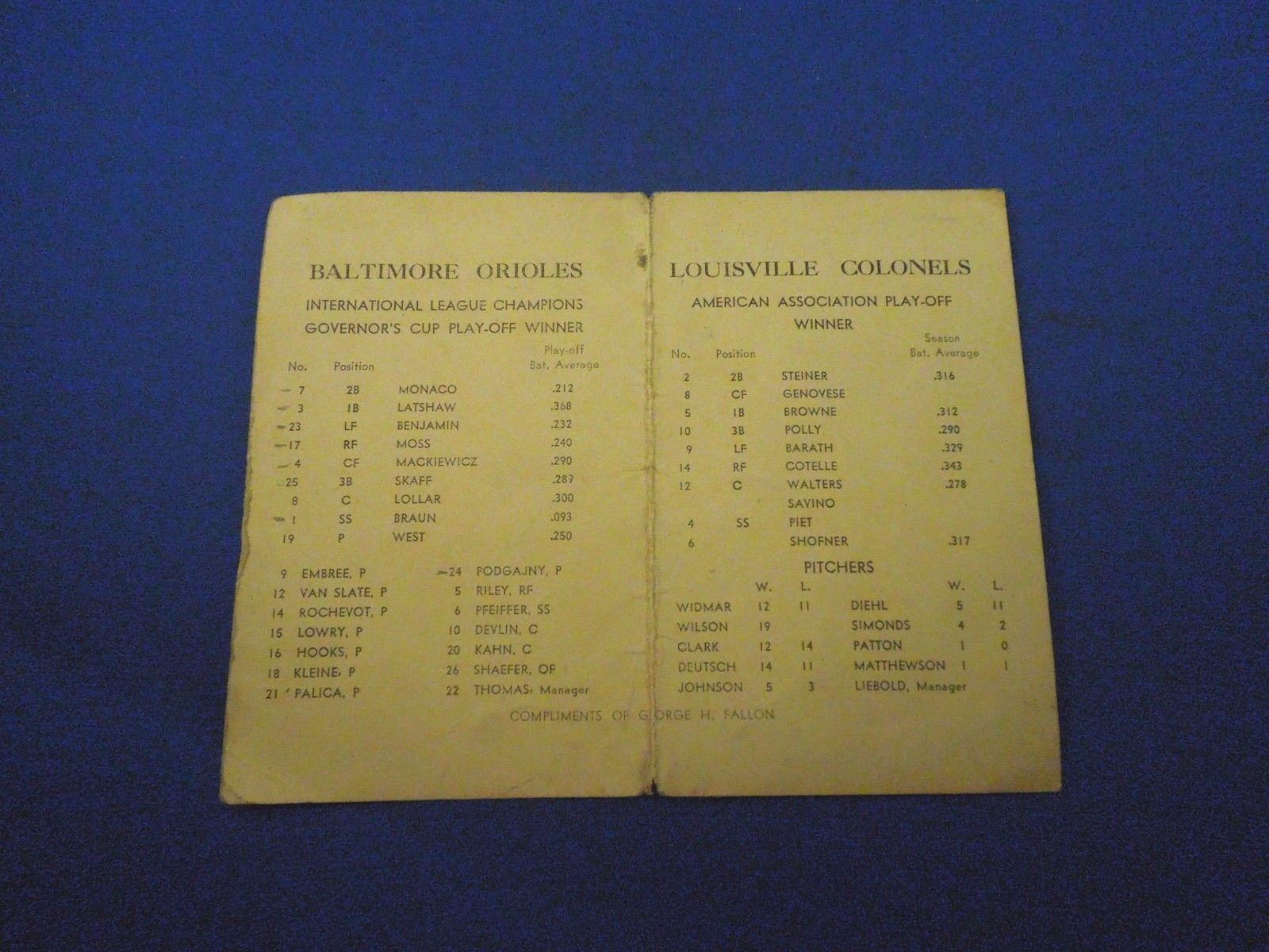 Vintage 1944 Junior World Series Program Baltimore Orioles vs Louisville Colonel