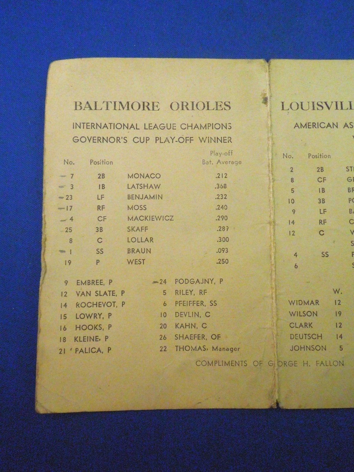 Vintage 1944 Junior World Series Program Baltimore Orioles vs Louisville Colonel