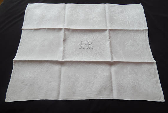 French Damask Tablecloth with 10 Napkins Vintage Hand Embroidered