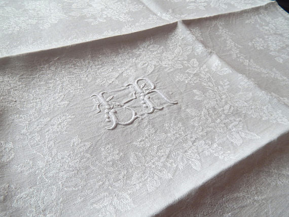 French Damask Tablecloth with 10 Napkins Vintage Hand Embroidered