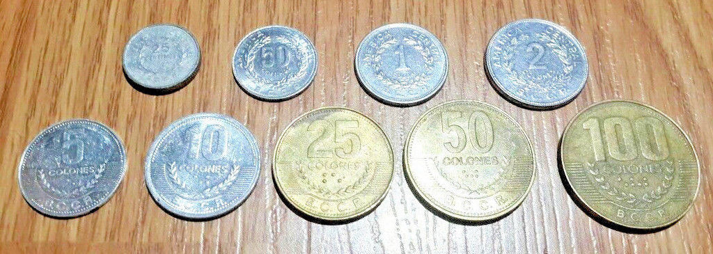 Set of 9 COSTA RICA COLON COINS USED 25 50 Centavos & 1 2 5 10 25 50 100 Colones