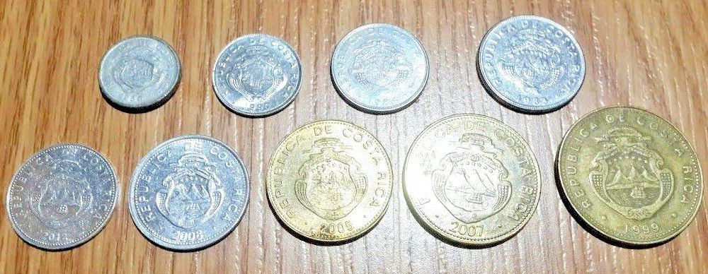 Set of 9 COSTA RICA COLON COINS USED 25 50 Centavos & 1 2 5 10 25 50 100 Colones