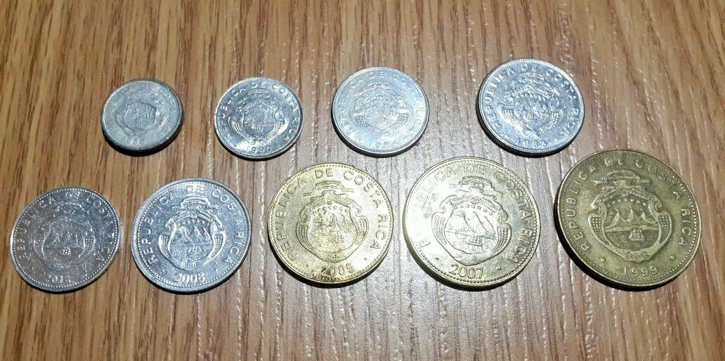 Set of 9 COSTA RICA COLON COINS USED 25 50 Centavos & 1 2 5 10 25 50 100 Colones