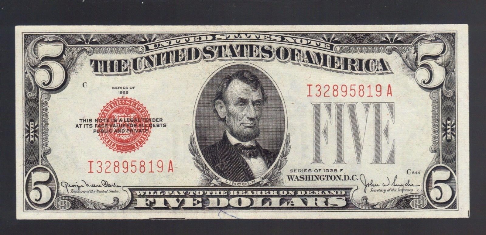 $5 DOLLAR 1928 RED SEAL OLD United States Legal Tender Note USA Bill Paper Money