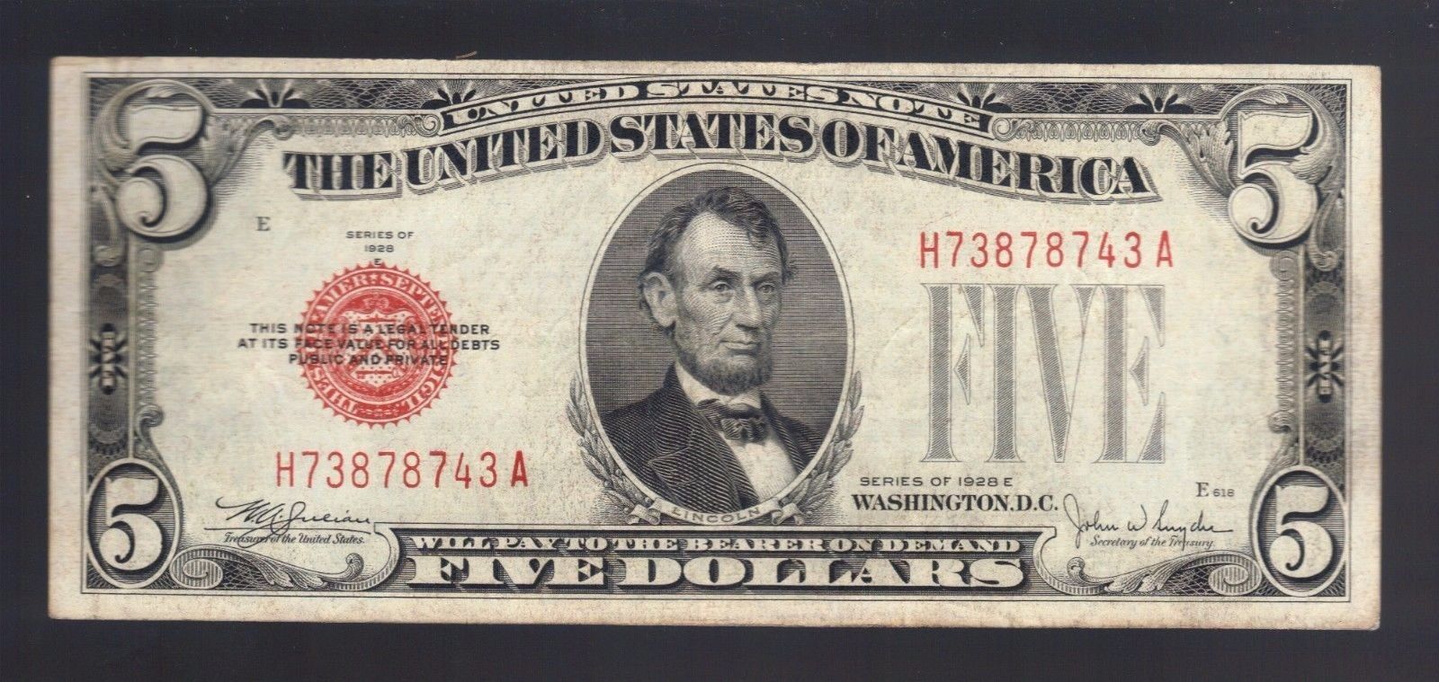 $5 DOLLAR 1928 RED SEAL OLD United States Legal Tender Note USA Bill Paper Money