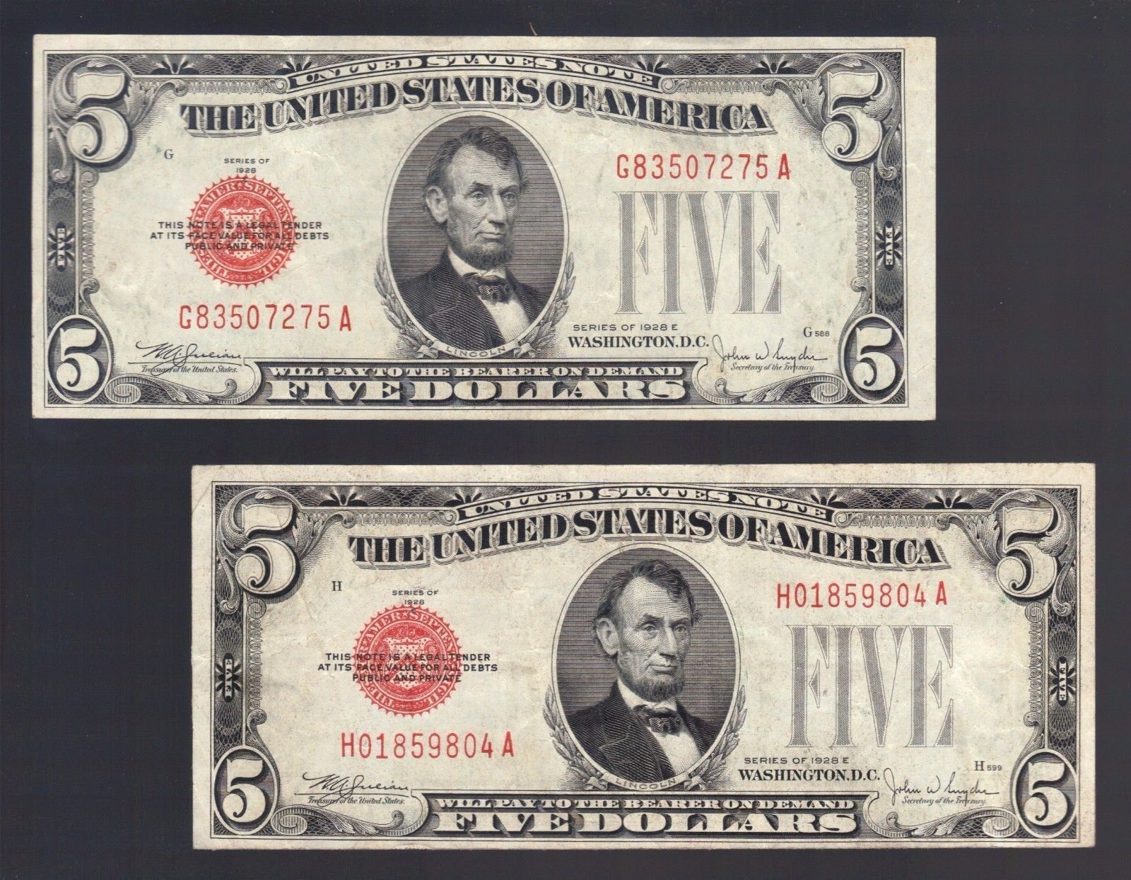 $5 DOLLAR 1928 RED SEAL OLD United States Legal Tender Note USA Bill Paper Money