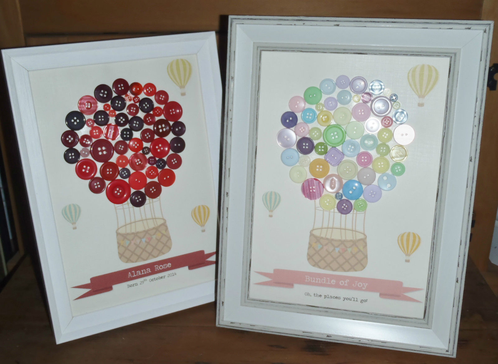 Personalised Button Hot Air Balloon Art Print New Baby Christening Nursery Gift