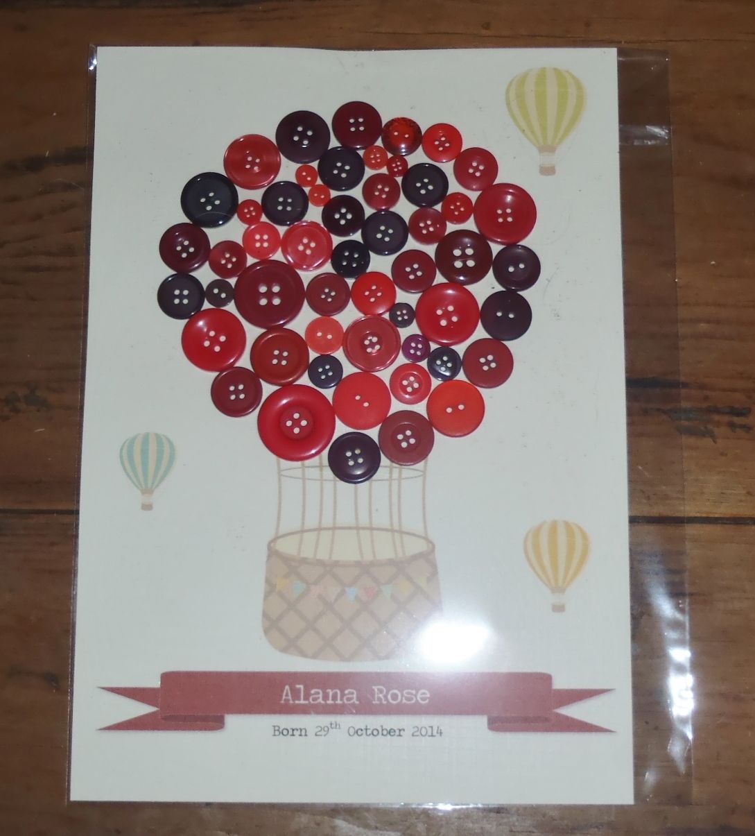 Personalised Button Hot Air Balloon Art Print New Baby Christening Nursery Gift