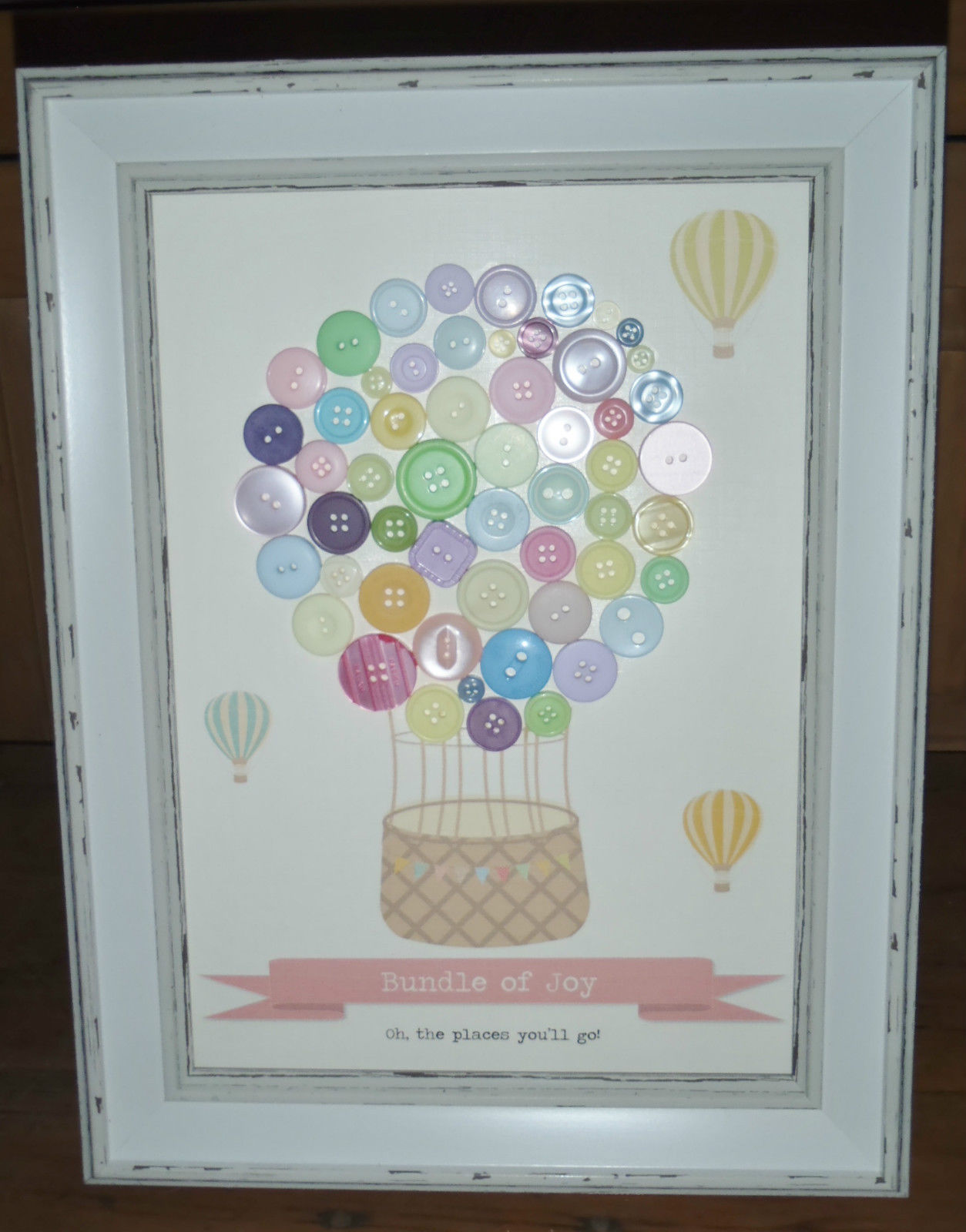 Personalised Button Hot Air Balloon Art Print New Baby Christening Nursery Gift