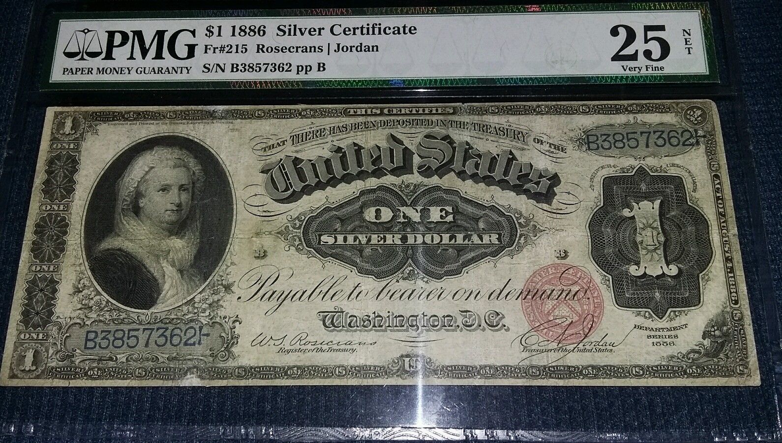 1886 $1 silver certificate Fr#215 Rosecrans / Jordan  PMG 25 Very FINE ( NET )