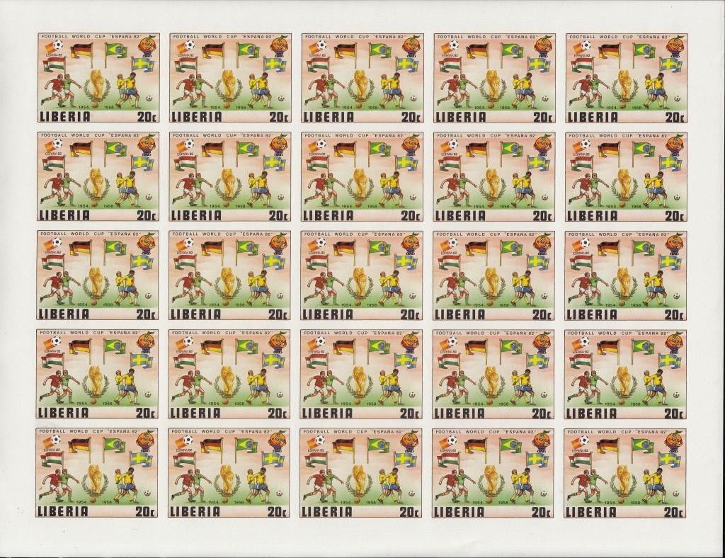 LIBERIA #886-891 IMPERF SHEET OF 25 COMPLETE SET WORLD CUP "ESPANA 82" WL4617