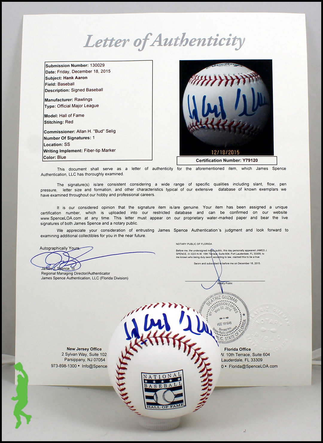 HANK AARON AUTOGRAPHED SIGNED HALL OF FAME HOF BASEBALL BALL JSA COA LOA