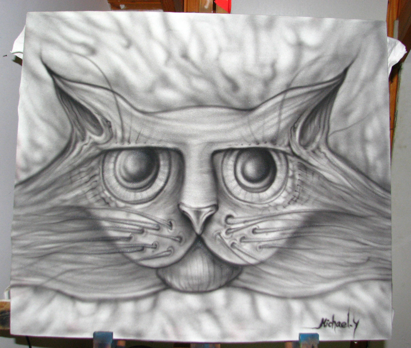 Cat painting ORIGINAl art Airbrush Black Acrylic on Fabric artist signed