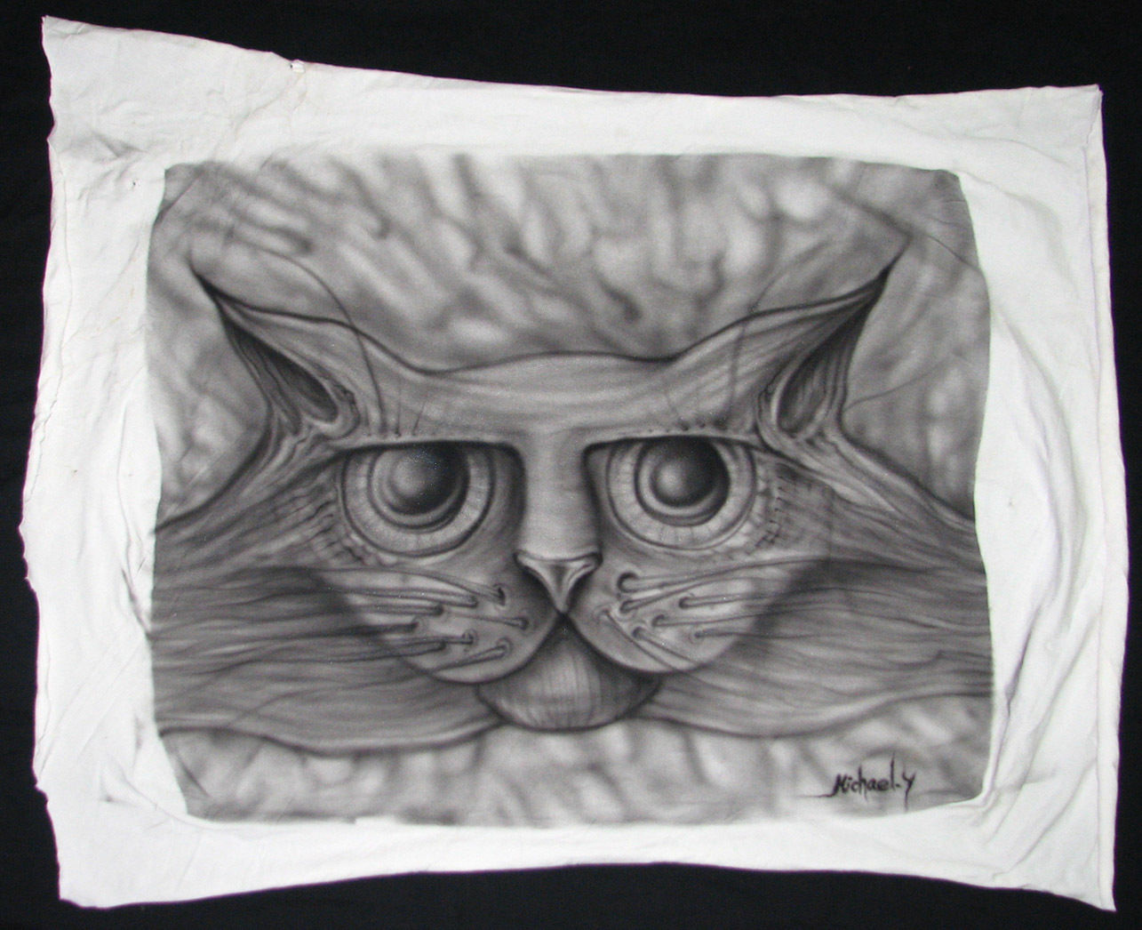 Cat painting ORIGINAl art Airbrush Black Acrylic on Fabric artist signed