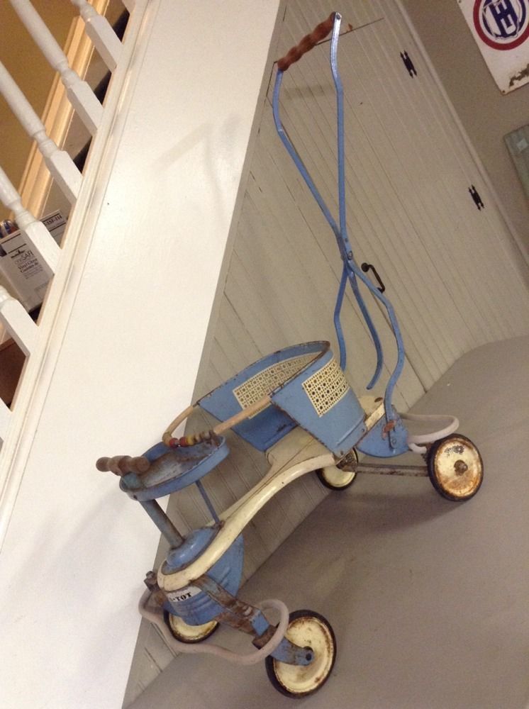 Original!! Vintage Blue & White Wood Metal Taylor Tot Baby Stroller-Walker-Buggy