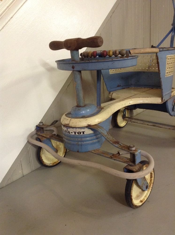 Original!! Vintage Blue & White Wood Metal Taylor Tot Baby Stroller-Walker-Buggy