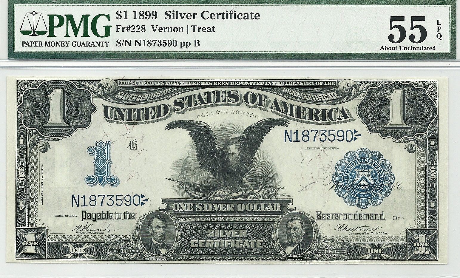 1899 $1 SILVER CERT BLACK EAGLE FR-228  PMG CHOICE ABOUT UNCIRCULATED 55 EPQ