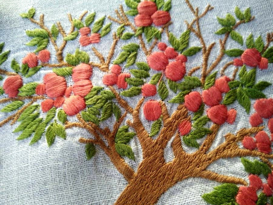 Wonderful Laden Orange Trees ~ Vintage Hand Embroidered Tablecloth 44"X49"