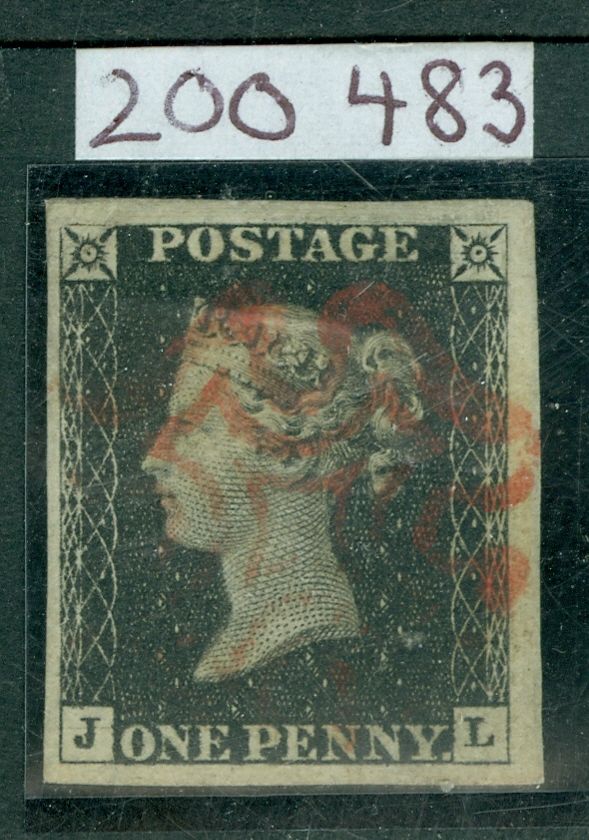 SG 2 1d Black plate 1b Lettered JL. very fine used with a Red maltese cross.