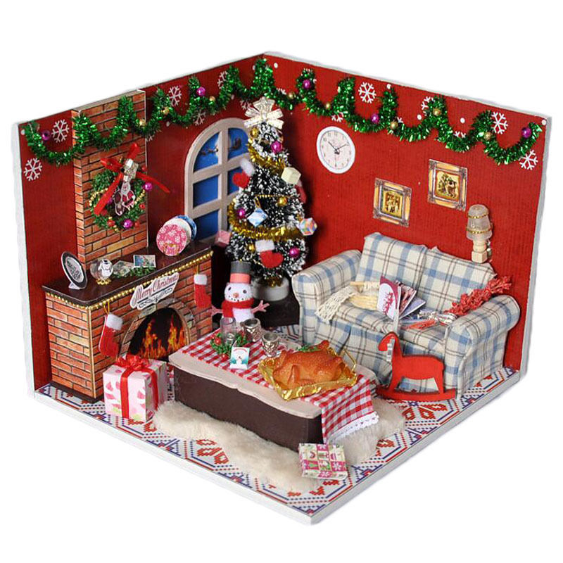 Wooden Furniture Miniature Christmas Room DIY Dolls House Puzzle Toy Xmas Gift