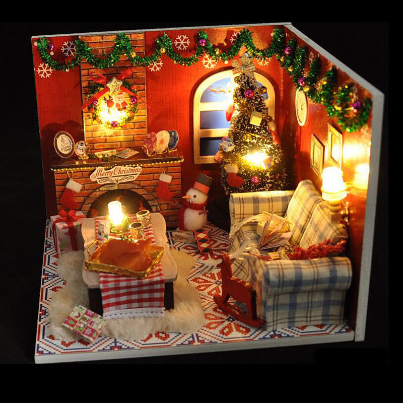 Wooden Furniture Miniature Christmas Room DIY Dolls House Puzzle Toy Xmas Gift