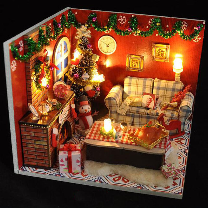 Wooden Furniture Miniature Christmas Room DIY Dolls House Puzzle Toy Xmas Gift