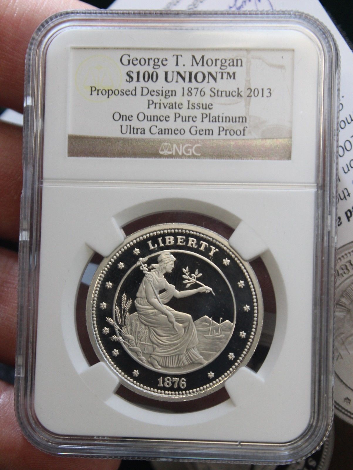 2013 1 oz Proof Platinum George T. Morgan $100 Union Priv Issue NGC UC Gem Proof