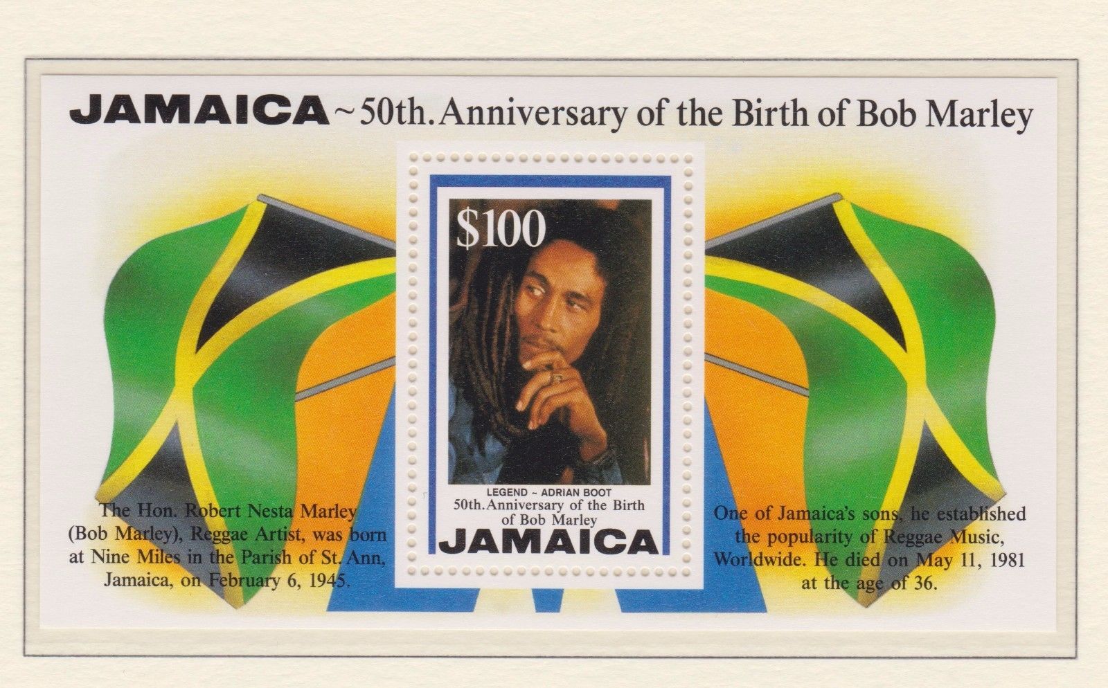 JAMAICA STAMP SHEET MNH 1995 SG MS882 BOB MARLEY 50TH BIRTHDAY