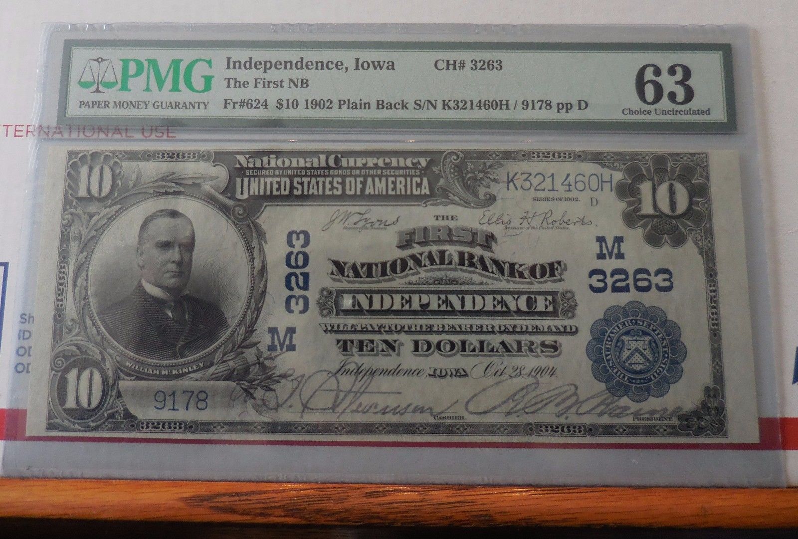 1902 $10 PLAIN BACK NATIONAL CURRENCY - FIRST NATL BANK INDEPENDENCE IOWA PMG 63