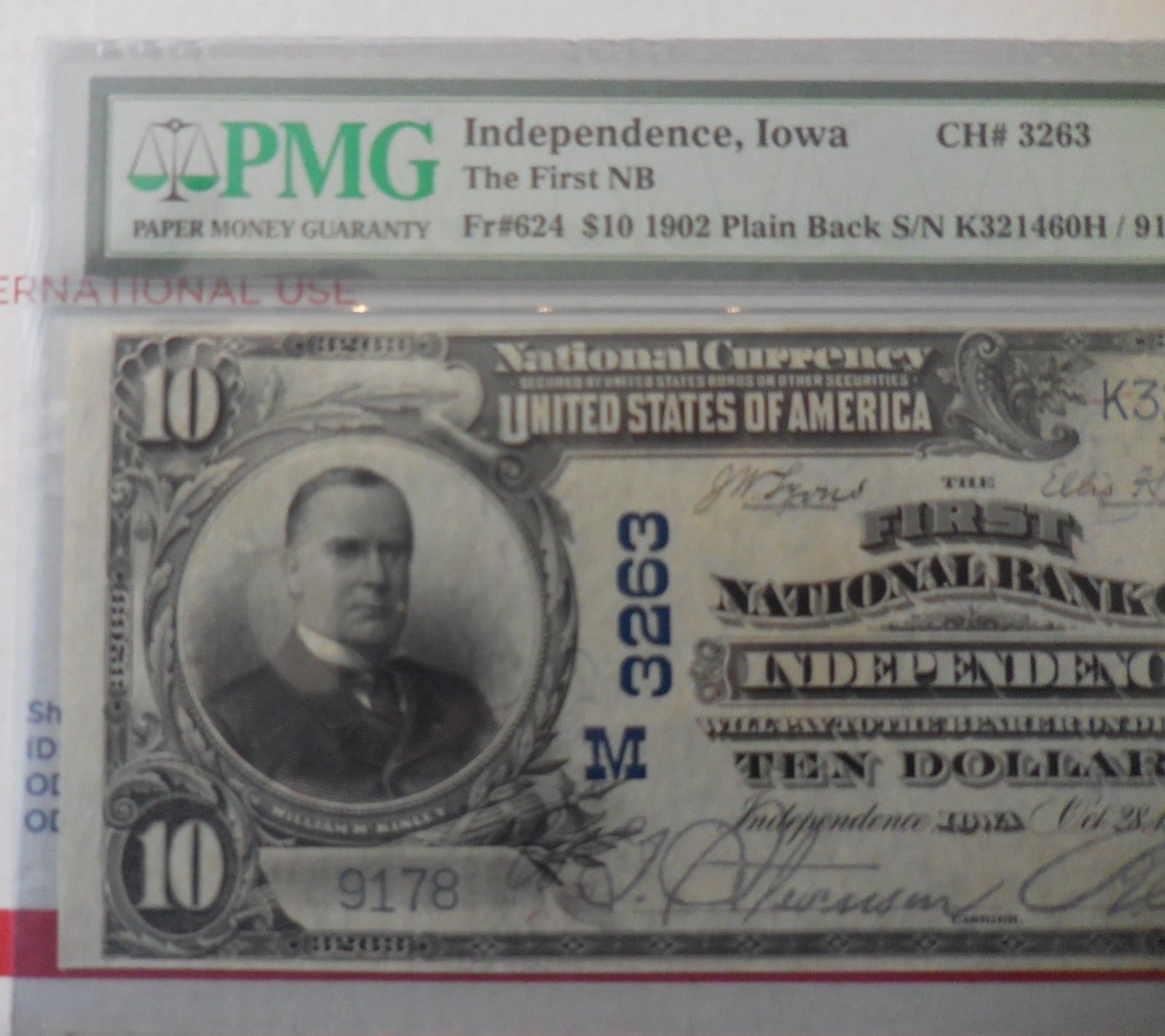 1902 $10 PLAIN BACK NATIONAL CURRENCY - FIRST NATL BANK INDEPENDENCE IOWA PMG 63